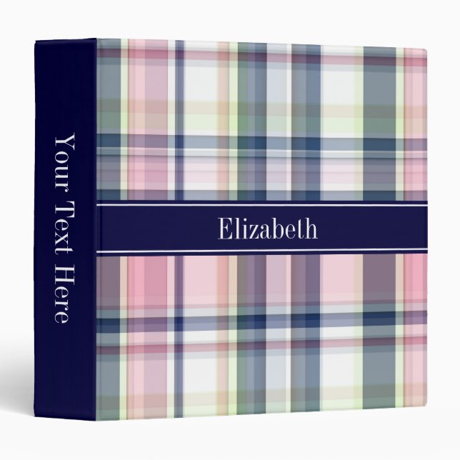 Pink Navy Green White Preppy Madras N Monogram 3 Ring Binder (Front/Spine)