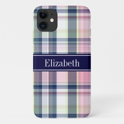 Pink Navy Green White Preppy Madras N Monogram iPhone 11 Case