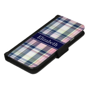 Pink Navy Green White Preppy Madras N Monogram iPhone 8/7 Wallet Case
