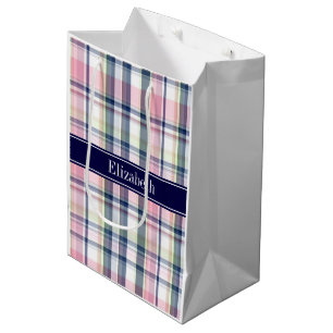 Pink Navy Green White Preppy Madras N Monogram Medium Gift Bag