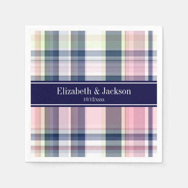 Pink Navy Green White Preppy Madras N Monogram Napkins (Front)