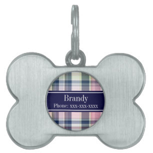 Pink Navy Green White Preppy Madras N Monogram Pet Name Tag