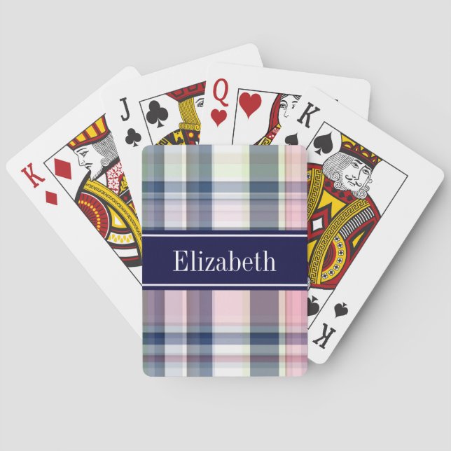 Pink Navy Green White Preppy Madras N Monogram Poker Cards (Back)
