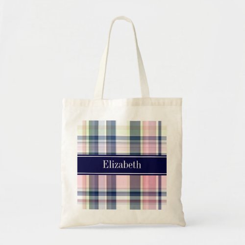 Pink Navy Green White Preppy Madras N Monogram Tote Bag