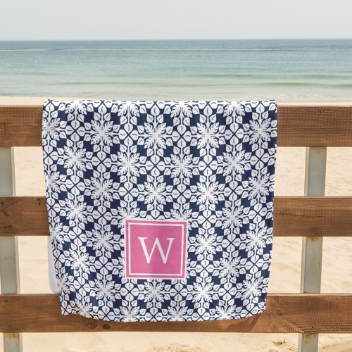 Pink  Navy Hawaiian Pattern Monogram Beach Towel