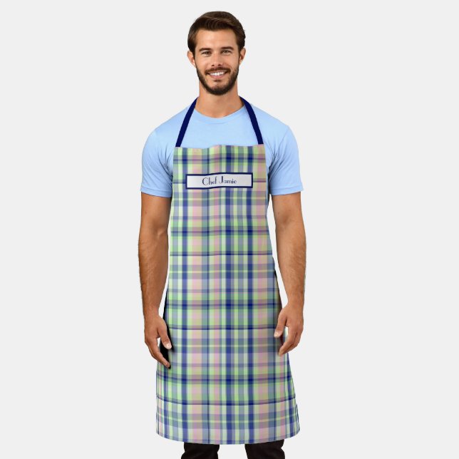 Pink Navy Light Green White Preppy Madras Apron (Worn)
