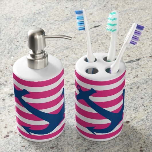 Pink & Navy Nautical Anchor Bathroom Accessory Set (Front)