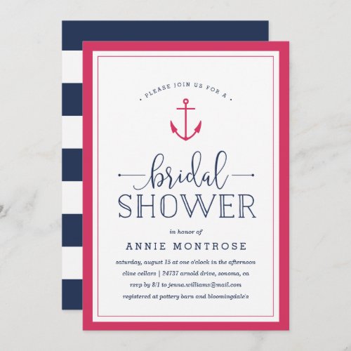 Pink  Navy Nautical Bridal Shower Invitation