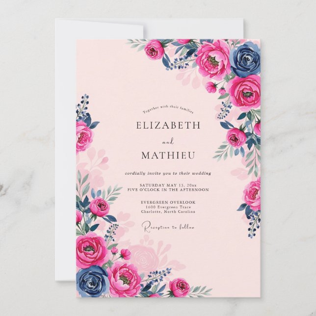 Pink Navy Opulent Romantic Wedding Invitation (Front)
