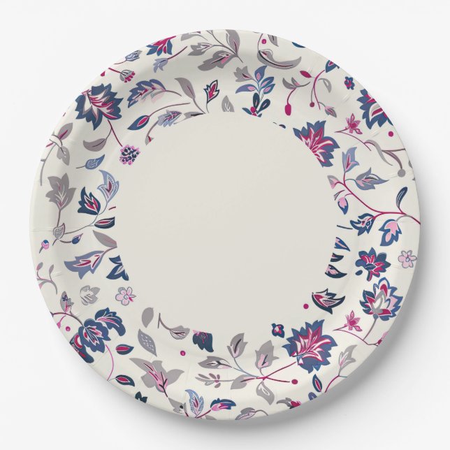 Pink & Navy Paisley Border Paper Plates (Front)