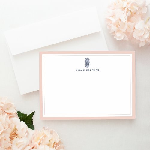 Pink  Navy Pineapple Personalized Stationery Flat Note Card