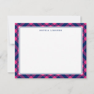 Pink & Navy Plaid Personalized Stationery Note Card