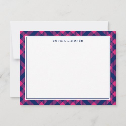 Pink  Navy Plaid Personalized Stationery Note Card