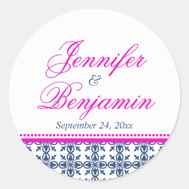 Pink navy preppy custom name wedding favor label (Front)