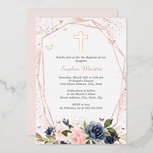 Pink Navy Rose Gold Cross Floral Girl Baptism  Foil Invitation