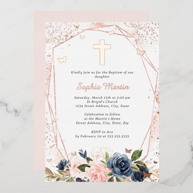 Pink Navy Rose Gold Cross Floral Girl Baptism  Foil Invitation (Front/Back)