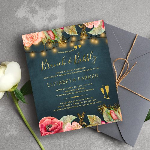 Pink navy roses brunch and bubbly BUDGET invite