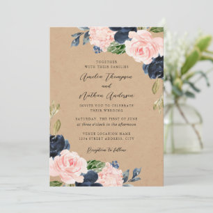 Pink Navy Rustic Botanical Florals Wedding Invitation