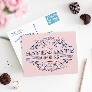 Pink Navy Scrollwork Save the Date Announcement Postcard