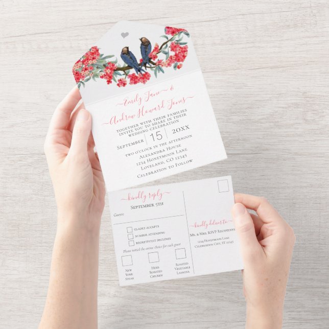 Pink & Navy Secret Lovebird Forest Garden Wedding All In One Invitation (Tearaway)