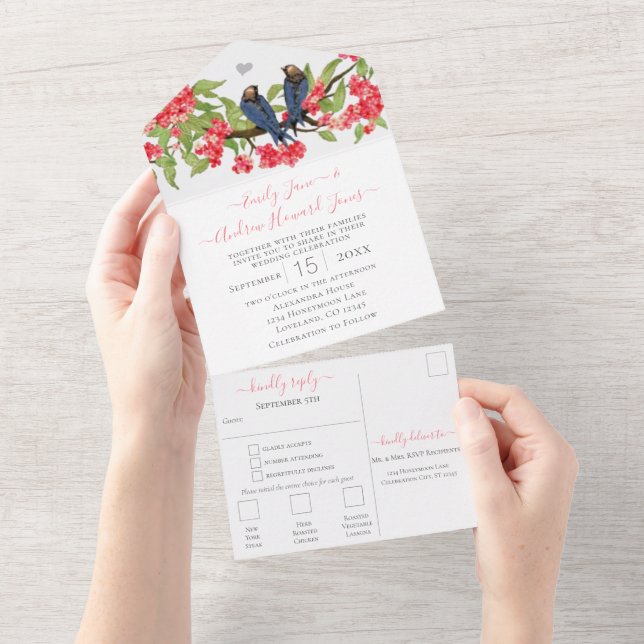 Pink & Navy Secret Lovebird Forest Garden Wedding All In One Invitation (Tearaway)