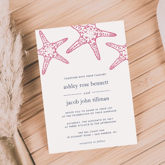 Pink & Navy Starfish Wedding Invitation (Creator Uploaded)