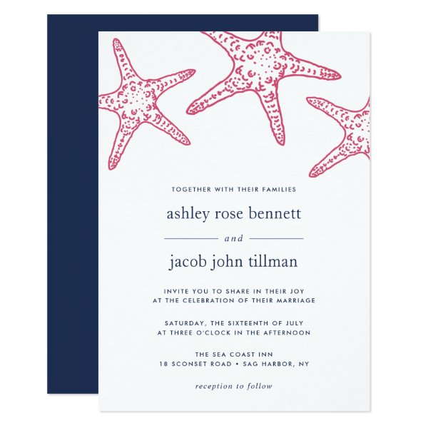 256309615033008016 Pink & Navy Starfish Wedding Invitation