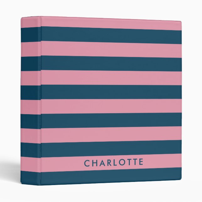 Pink Navy Stripe | Modern Trendy Preppy Name 3 Ring Binder (Front/Spine)