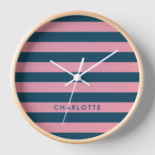 Pink Navy Stripe Modern Trendy Preppy Name Clock