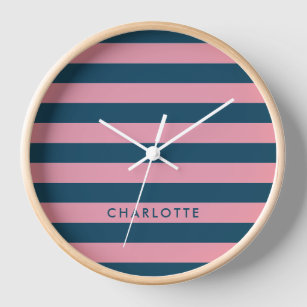 Pink Navy Stripe   Modern Trendy Preppy Name Clock