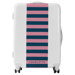Pink Navy Stripe Modern Trendy Preppy Name Luggage