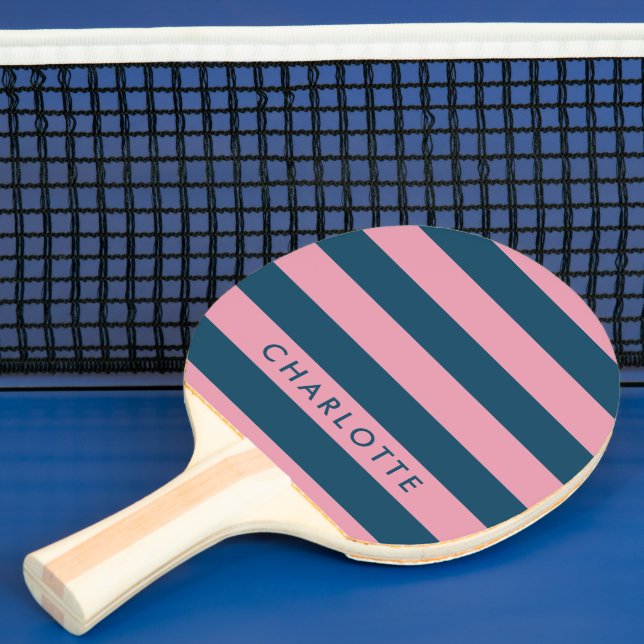 Pink Navy Stripe | Modern Trendy Preppy Name Ping Pong Paddle (Insitu)