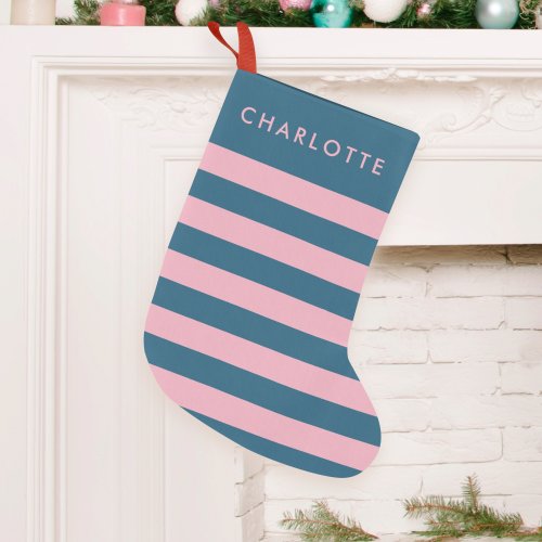 Pink Navy Stripe  Modern Trendy Preppy Name Small Christmas Stocking
