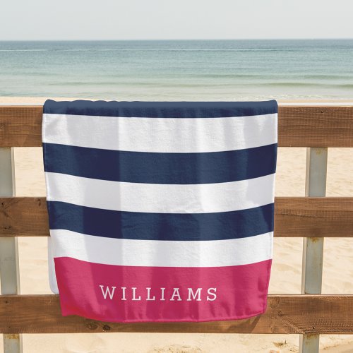 Pink  Navy Stripe Personalized Beach Towel