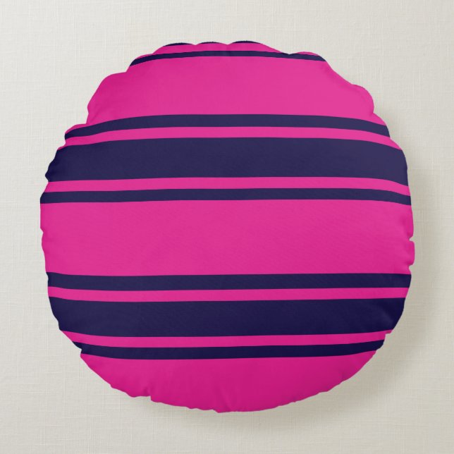 Pink Navy Stripes Round Pillow (Front)