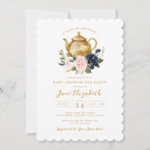 Pink Navy Tea Party A Baby is Brewing Baby Shower  Invitation