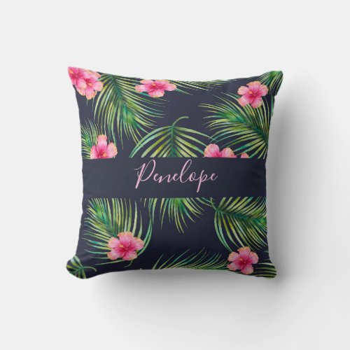 Pink Navy Tropical Fern Monogram Throw Pillow