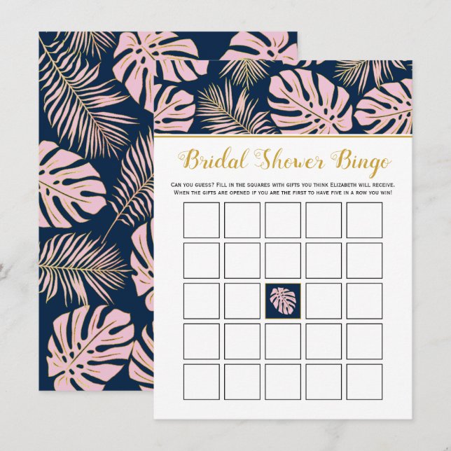 Pink navy tropical leaves bridal shower bingo game enclosure card (Front/Back)