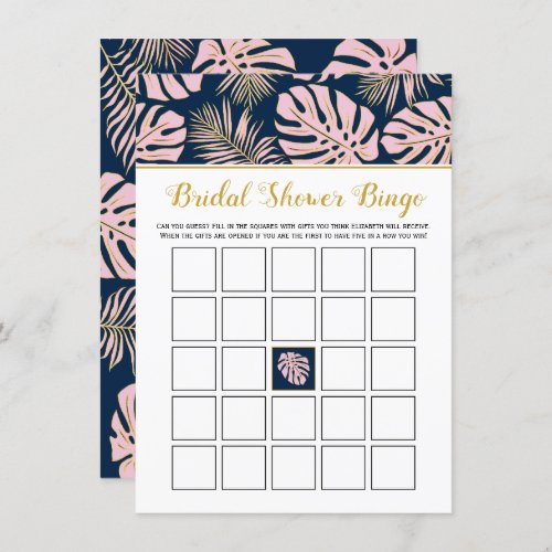 Pink navy tropical leaves bridal shower bingo game enclosure card