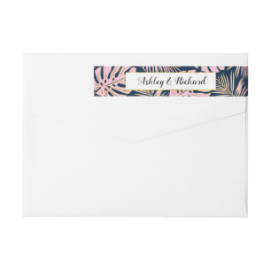 Pink navy tropical monstera, palm leaves wedding wrap around label