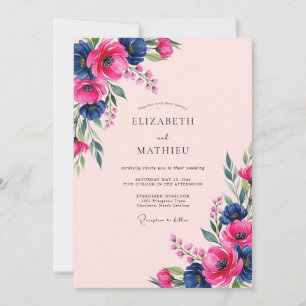 Pink Navy Watercolor Anemone Spring Wedding Invitation