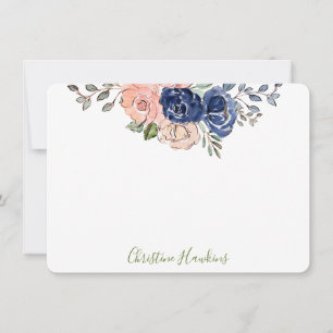 Pink & Navy Watercolor Floral Bloom Personalized N Note Card