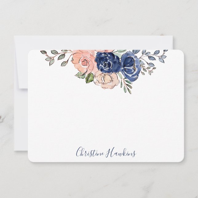 Pink & Navy Watercolor Floral Bloom Personalized Note Card (Front)
