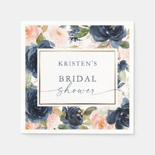 Pink Navy Watercolor Floral Border Bridal Shower Napkins