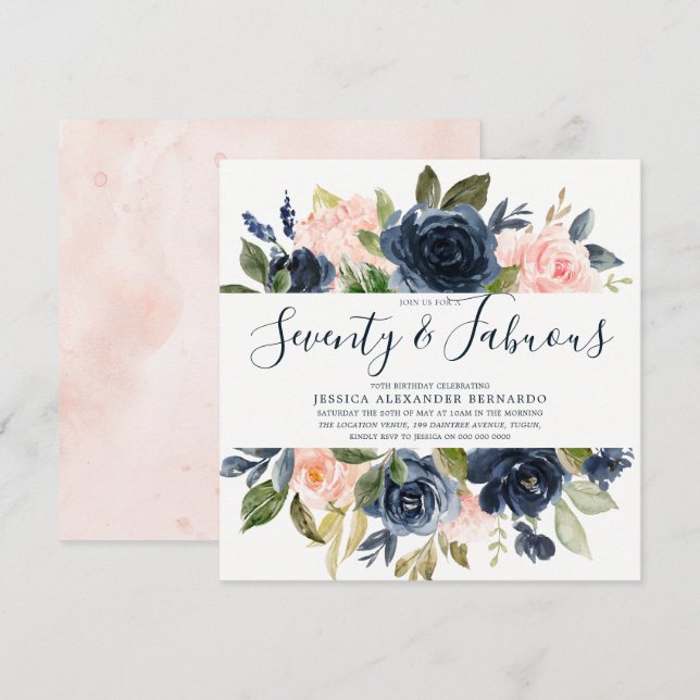 Pink Navy Watercolor Flowers 70th Birthday Party Invitation (Front/Back)
