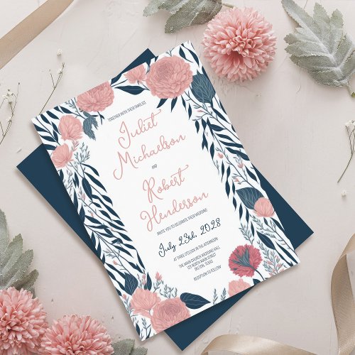 Pink Navy Watercolor Peony Floral Vines Wedding Invitation