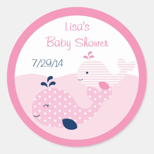 Pink  Navy Whale Baby Shower Classic Round Sticker