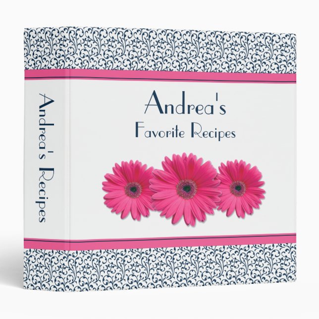 Pink Navy White Floral Gerber Daisy Recipe Binder (Front/Spine)