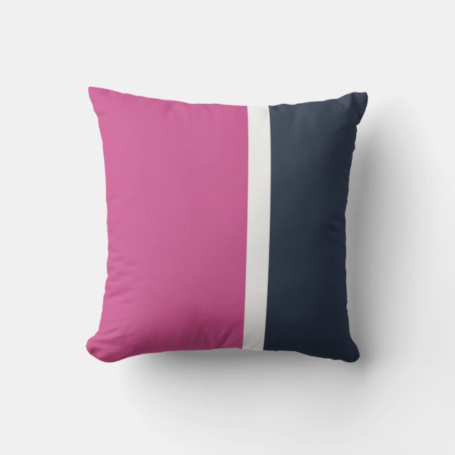 Pink Navy White Modern Stripe Outdoor Pillow (Front)