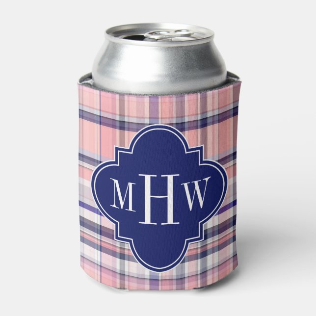 Pink Navy White Preppy Madras Quatrefoil Monogram Can Cooler (Can Front)